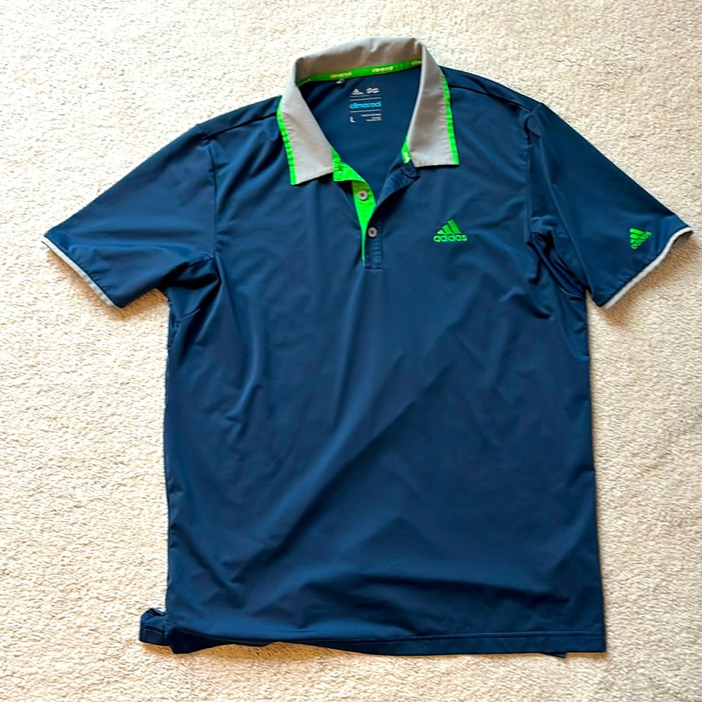 Adidas Climacool polo. Blue with grey/green accents. Size L. EUC.